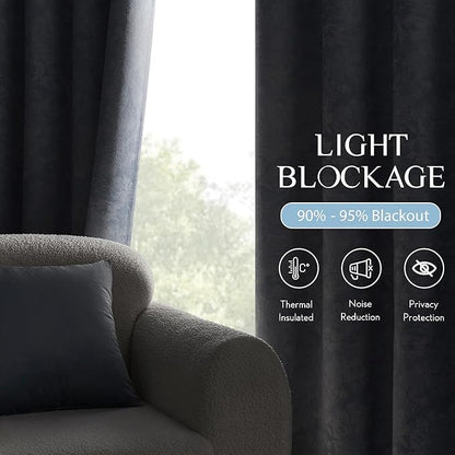 Beauoop Blue Floral Jacquard Blackout Curtains 84 Inches Long