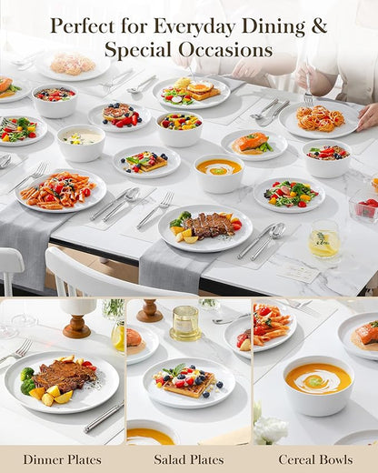 MALACASA 18 Pieces Gourmet Porcelain Dinnerware Sets, Premium Plates and Bowls Set, High-Fired Ceramic Dishes Set for 6, Chip & Scratch Resistant, Microwave Dishwasher Safe, White, Series LEXI