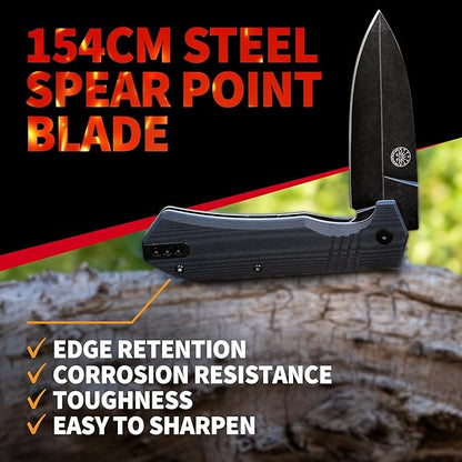 Off-Grid Knives - Stinger XL Folding Knife w. Spear Point Blade, Crucible 154CM Steel, G10 Scales, Deep Carry Clip (Blackwash)