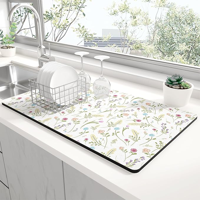 Rnivvi Dish Drying Mat for Kitchen Counter, 12 x 19" Cute Flower Theme Super