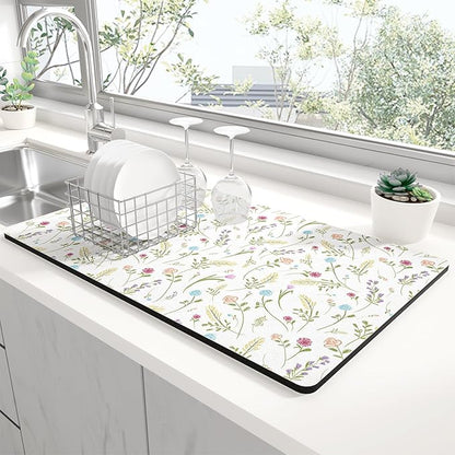 Rnivvi Dish Drying Mat for Kitchen Counter, 12 x 19" Cute Flower Theme Super