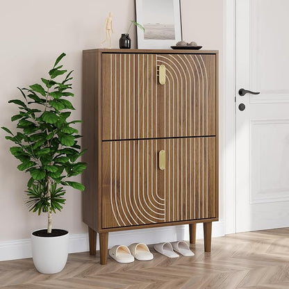 Smuxee Shoe Cabinet with 2 Flip Drawers, 23.6" Walnut Hidden Shoe Storage