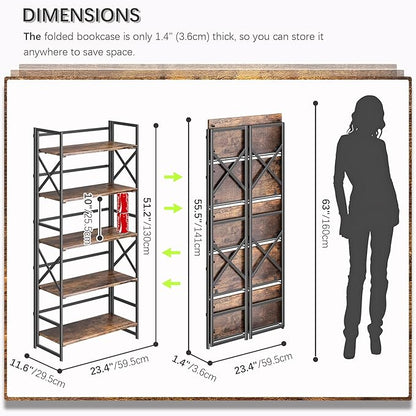 4NM 5 Tiers No Assembly Book Shelves, 51.2" H Folding Bookshelf Bookcase Open