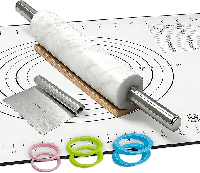 White Marble Rolling Pin with Stainless Steel Handles Baking Set