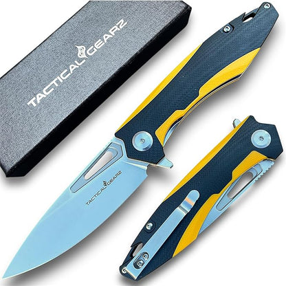 TACTICAL GEARZ Pocket Folding Knife for EDC, D2 Steel Blade, Dual Color G10 Handle, Includes Sheath (Kuma Yellow/Black)