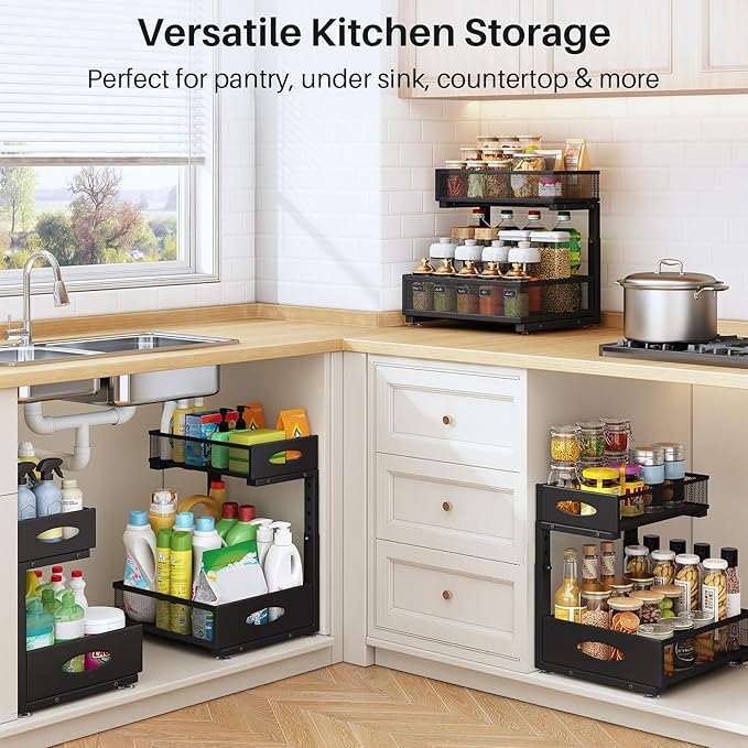 Under Sink Organizer, 2 Pack 2 Tier Pull Out Under Cabinet Organizer Shelf