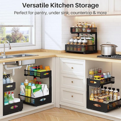 Under Sink Organizer, 2 Pack 2 Tier Pull Out Under Cabinet Organizer Shelf