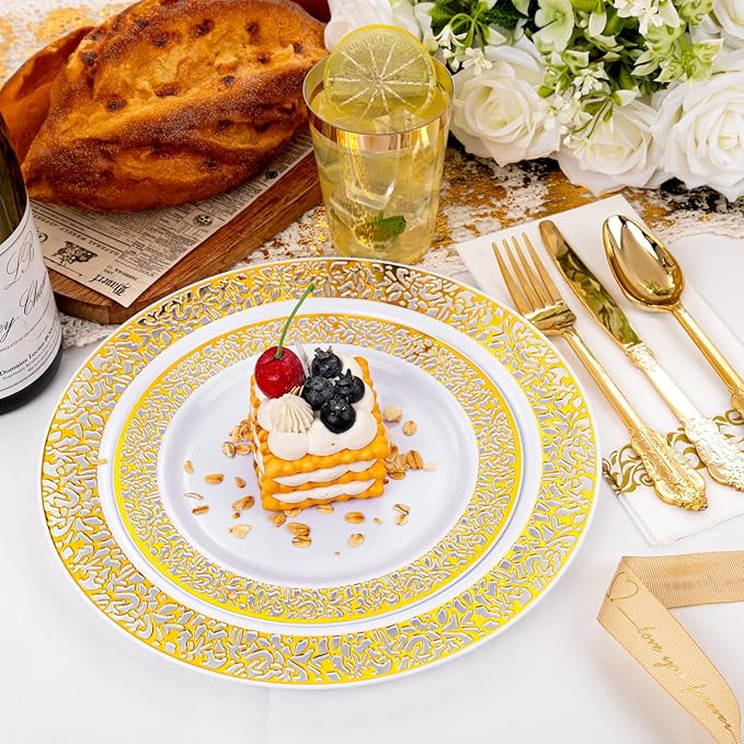 bUCLA 350PCS Gold Plastic Plates Disposable - Gold Plastic Dinnerware Set Include 50 Dinner / 50 Dessert Plates, 50 Forks, 50 Knives, 50 Spoons, 50 Cups, 50 Napkins for Party & Thanksgiving