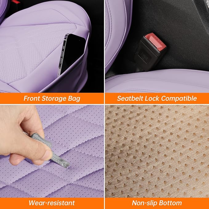 Purple Car Seat Covers Full Set, Waterproof Luxury Leather Purple Seat Covers for Women, Non-Slip Front & Rear Seats Cover Sets Universal Fit for Most Cars SUVs Trucks