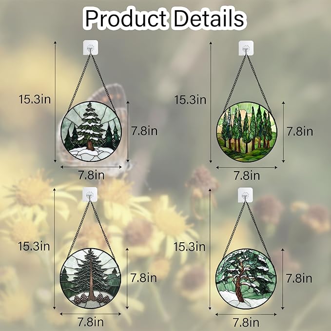 AMDERVEN Stained Glass Window Hanging 4 Pcs Set Forest Green Trees Winter Snow