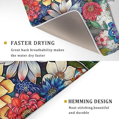 Boho Floral Dish Drying Mat for Kitchen Counter 18x24 Inch Super Absorbent