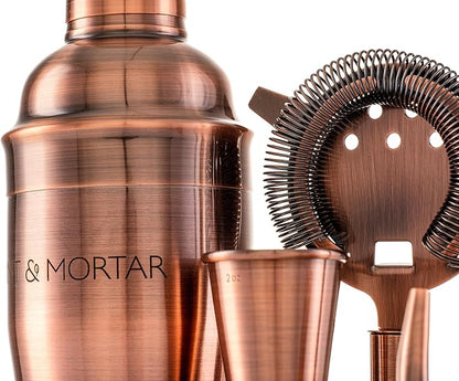 Mint & Mortar Cocktail Shaker Set, 7-Piece Bartender Kit with Stand, 24oz Martini Shaker Bottle Stainless Steel Bar Tools, Home Bar Accessories Drink Mixer, Barware Gift Set - Brushed Copper