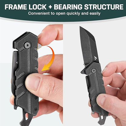 FLISSA 4.5" G10 handle folding knife, FLISSA Folding Knife, 4" Small Pocket Knife with Bottle Opener and Slotted Screwdriver, Dual Craftsman Handle, EDC Pocket Knife for Hunting, Survival, Camping and Outdoor Activities, Black