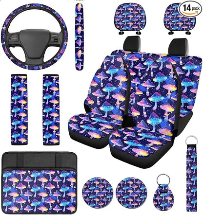 14 Piece Mushroom Car Seat Cover Set with Armrest Steering Wheel Cover Headrest Cover Car Cup Holder Coasters Seat Belt Pad and Key Chain Universal Fit Most Cars SUV Trucks,Purple