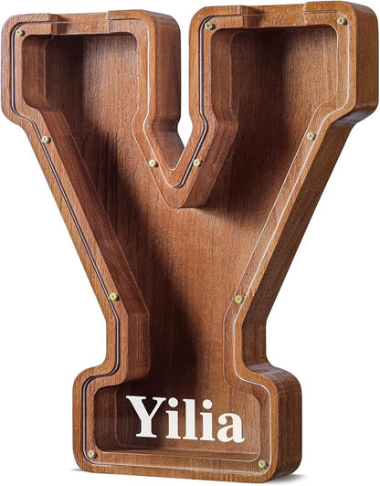 Summidate Customized Name Large Wooden Piggy Bank for Kids Boys Girls Alphabets Letter A-Z Coins Bills Money Change Bank Box Initial on Clear Cover (Laser Engraved) (Alphabet-Y, Personalized-12)