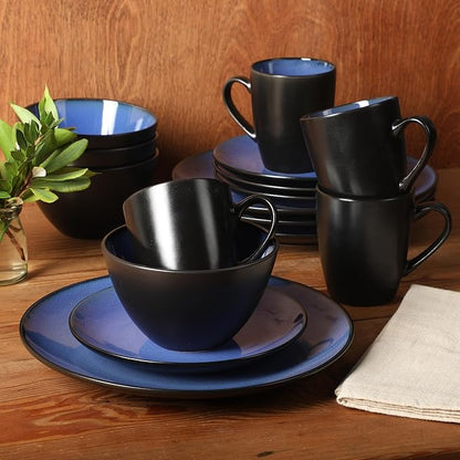 Gibson Elite Soho Lounge Round Reactive Glaze Stoneware Dinnerware Set, Service for 4 (16pc), Blue, Soho Round.