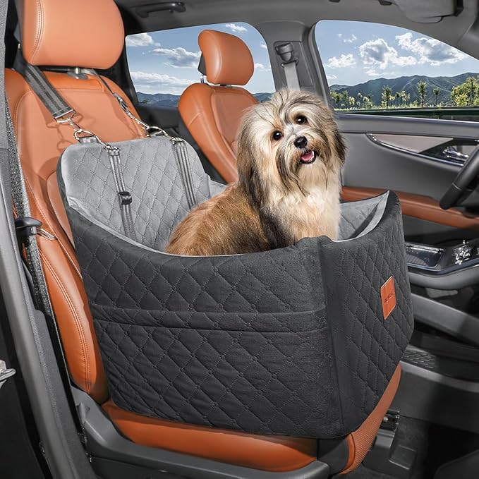 Dog Car Seat for Small Medium Dogs,Detachable Washable Dog Booster Seat Under 35lbs, Pet Car Seat Travel Bed with Storage Pockets and Safety Belt (Black/Grey, Medium)