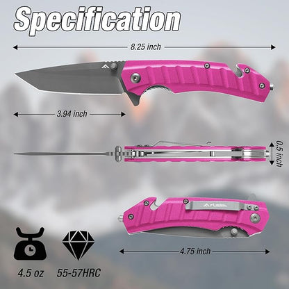 FLISSA Folding Pocket Knife, Tactical Knife with Liner Lock, Tanto Blade, Pocket Clip, Glass Breaker, Seatbelt Cutter, Perfect for Hunting, Camping, Survival (Pink)