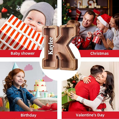 Summidate Customized Name Extra Large Wooden Piggy Bank for Kids Boys Girls Alphabets Letter A-Z Coins Bills Money Change Saving Box Clear Cover (Laser Engraved) Educational Toys 12"- Letter V