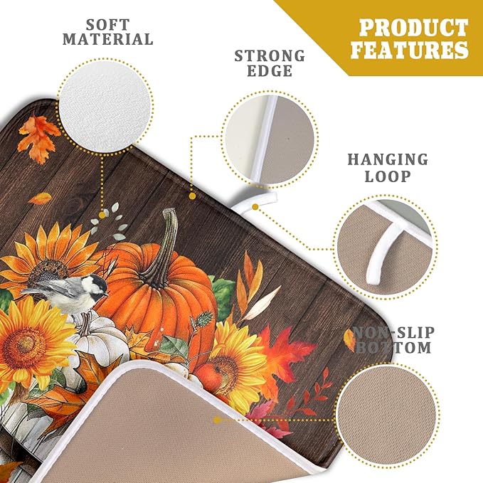Fall Pumpkin Dish Drying Mat for Kitchen Counter Decor 16x18 Inch Halloween