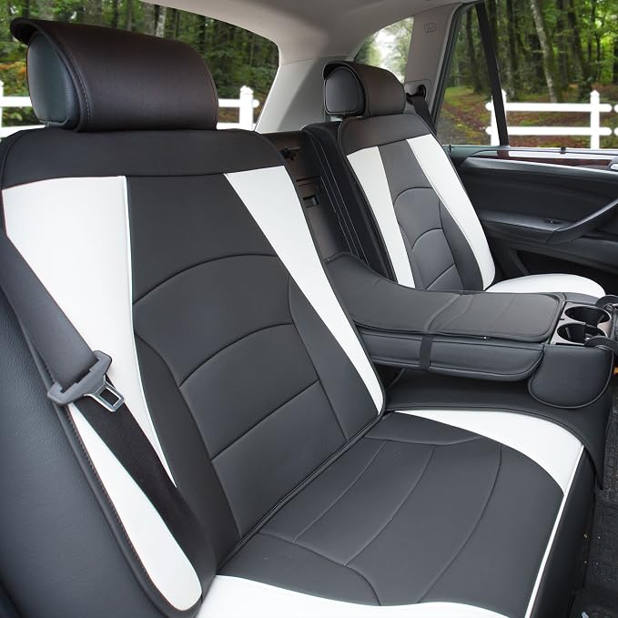 FH Group Ultra Comfort Highest Grade Faux Leather Full Set Cushion Pads Car Seat Covers for Front and Rear– Universal Fit for Cars Trucks & SUVs (White/Black)
