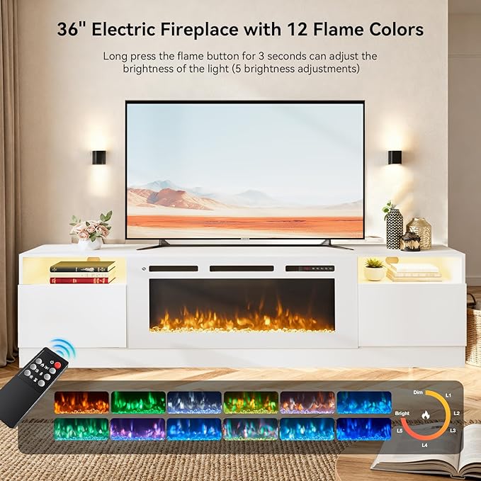 YISUFO 80” TV Stand with 36” Electric Fireplace, Large Modern Media