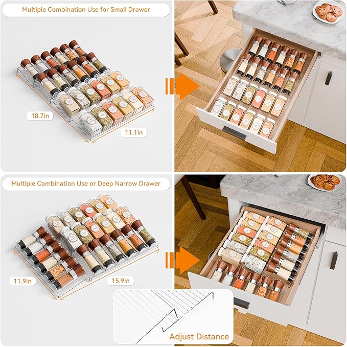 Yieach 8 Pack Adjustable In Drawer Spice Organizer