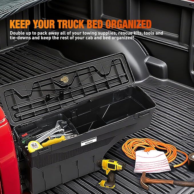 Nilight Truck Bed Tool Box Left Drivers Side Truck Tool Box Fit for Toyota Tundra 2007-2021 ABS Swing Case Truck Bed Storage Box with Lockable Lid Waterproof Wheel Well Toolbox Black