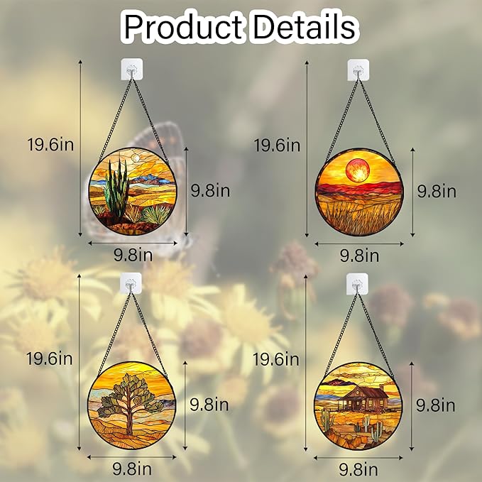 DASTOLL Stained Glass Window Hanging 4 Pcs Set Desert Sunset Theme Landscape
