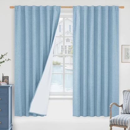 LAMIT 100% Blackout Stone Blue Linen Curtains, 63 Inches Linen Textured Thermal