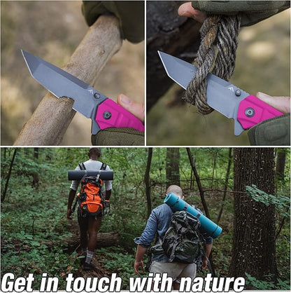 FLISSA Folding Pocket Knife, Tactical Knife with Liner Lock, Tanto Blade, Pocket Clip, Glass Breaker, Seatbelt Cutter, Perfect for Hunting, Camping, Survival (Pink)