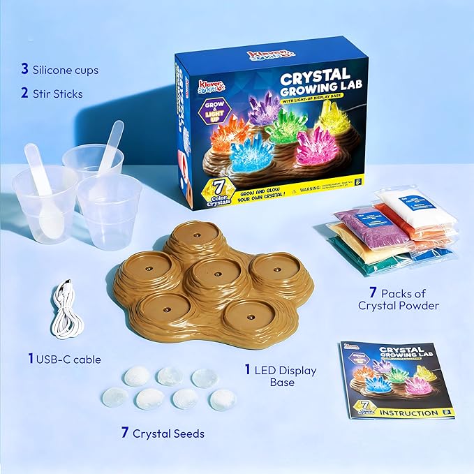 Klever Kits Crystal Growing Lab- 7 Color Crystal Growing Kit with Light-Up Base, Educational Toys Birthday Gift for Boys and Girls, Science Kits for Kids Ages 8-12