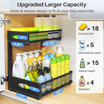 Under Sink Organizer, 2 Pack 2 Tier Pull Out Under Cabinet Organizer Shelf
