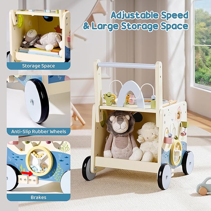 ROBOTIME Wooden Baby Walking Toy, Montessori Baby Walker Push Toy with Adjustable Height & Speed, Activity Center Baby Push Toy with Music, Fishing Game & Storage for Toddler 10M+ (Ocean World Theme)