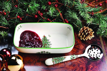 Portmeirion Botanic Garden Cranberry Dish with Slotted Spoon, 2-Piece Set, 8"x 4.25" Sauce Dish with 4.25" Serving Spoon, Rhododendron Flower Motif, Fine Porcelain, Dishwasher and Microwave Safe