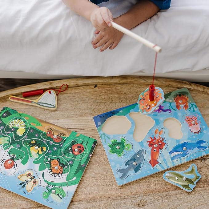 Melissa & Doug Magnetic Wooden Puzzle Game Set: Fishing and Bug Catching
