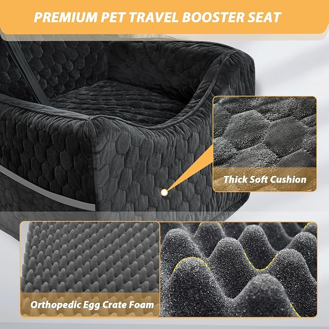 Dog Car Seat for Small/Medium Dogs, Memory Foam Dog Booster Seat, Travel Safety with Washable Removable Cover, Storage Pockets for Dogs up to 35 lbs(Black)