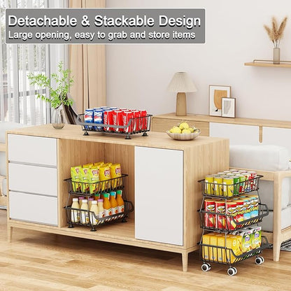 3-Tier Rolling Pantry Floor Organizer, Stackable Pantry Storage Cart with Wheels, Metal Wire Snack Organizers, Kitchen Fruit Basket Stand, Vegetable Storage Rack for Onion Potato Snacks, Black, 2 Pack