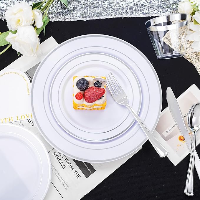 bUCLA 600pcs Silver Plastic Dinnerware Set for 100 Guests - Silver Christmas Dinnerware Set Disposable for Party - Include 100 Dinner Plates,100 Dessert Plates,100Cups,100 Knives,100 Forks,100 Spoons