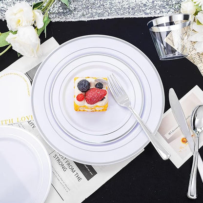 bUCLA 600pcs Silver Plastic Dinnerware Set for 100 Guests - Silver Christmas Dinnerware Set Disposable for Party - Include 100 Dinner Plates,100 Dessert Plates,100Cups,100 Knives,100 Forks,100 Spoons