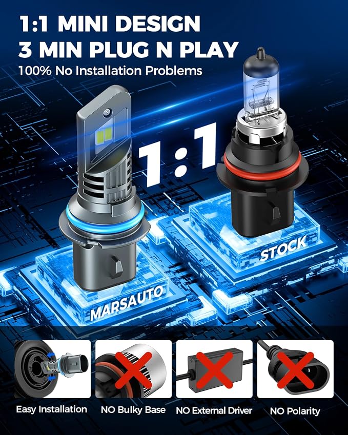 Marsauto 9007 Bulbs for Fog, 800% 50000LM Super Bright with 20000RPM Cooling Fan M1S 9007/HB5 Bulb, 1:1 Design, 60000+ Hours Lifspan, IP68, 3MIN Play and Plug, Pack of 2