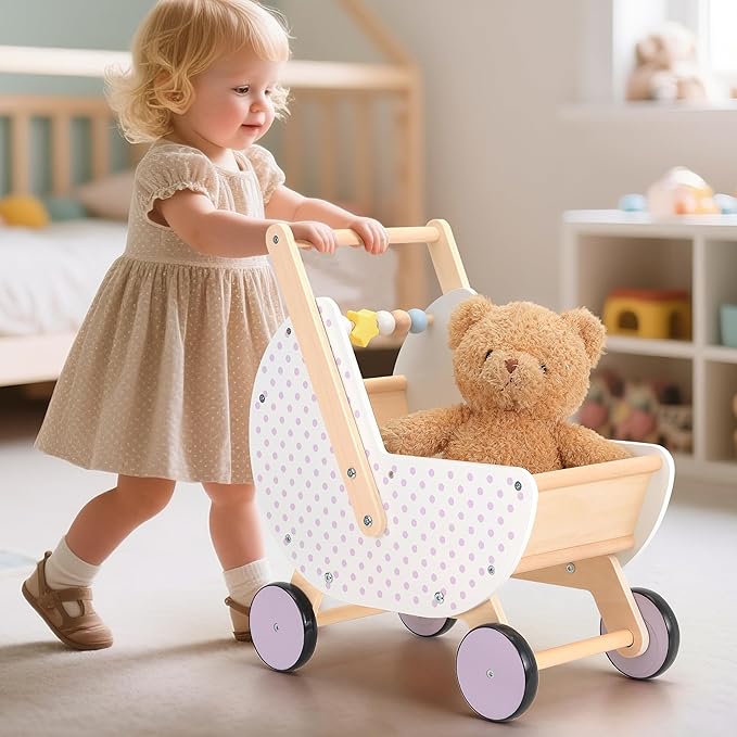 Wooden Baby Walker & Doll Stroller – Adjustable Handle Push Cart, Anti‑Tip, Quiet Wheels, Pretend Shopping Cart – Montessori Wooden Walker for Babies, Doll Stroller for Toddlers 12m+