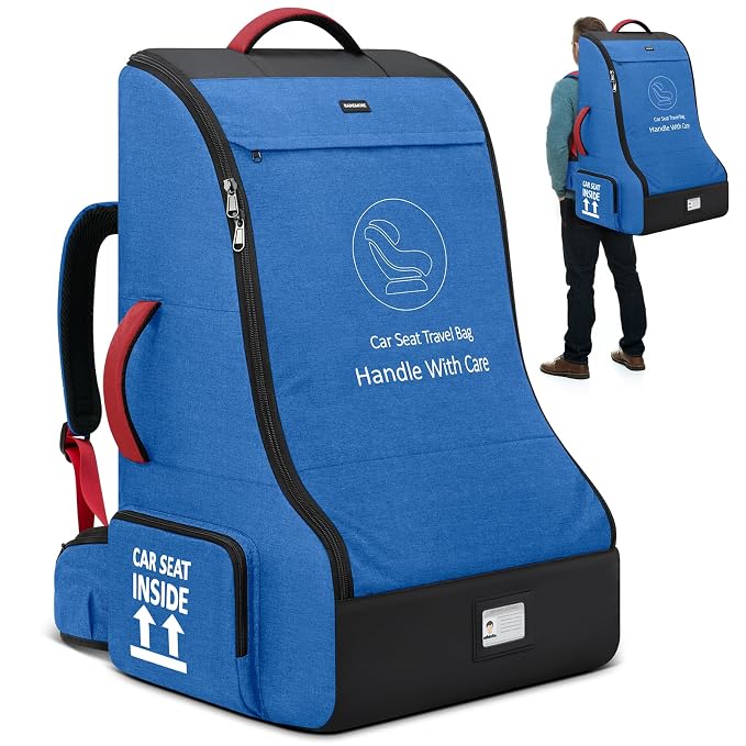 RAINSMORE Padded Car Seat Travel Bag for Airplane Heavy Duty Car Seat Backpack for Air Travel Baby Carseat Cover Bags for Airport Large Car Seats Carrier Fits Car Seats & Booster Seats,Blue