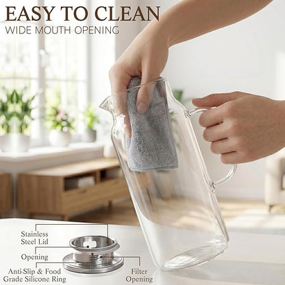 2 Pack Glass Pitcher with Lid and Handle, 68oz 2 Liter Borosilicate Glass Water