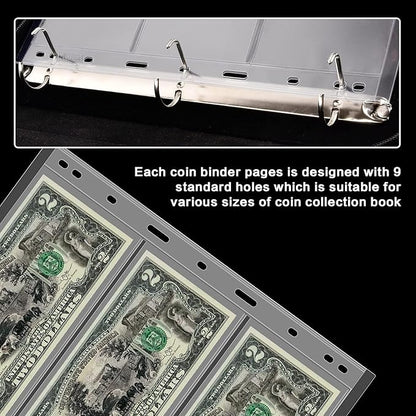 12 Sheets Paper Money Collection Supplies Pages, Currency Collecting Book Album Sleeves, 36 Pocket Money Stamp Page Holders for Standard 9-Hole Coin Collector Binder, 3 Pockets/Sheet