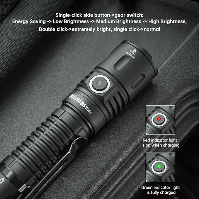 Wurkkos TD04 Tactical Flashlight, Handheld Flashlights Rechargeable, 3000 Lumens Super Bright LED Flashlight with Type C Charging Port Tail Switch for Camping, Hiking, Emergency, IP68 Waterproof