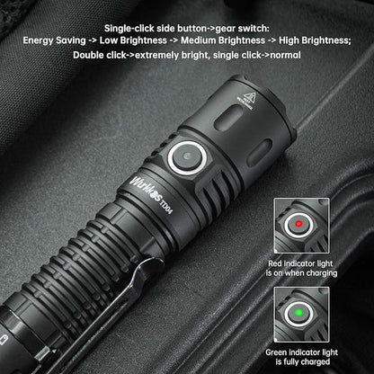 Wurkkos TD04 Tactical Flashlight, Handheld Flashlights Rechargeable, 3000 Lumens Super Bright LED Flashlight with Type C Charging Port Tail Switch for Camping, Hiking, Emergency, IP68 Waterproof