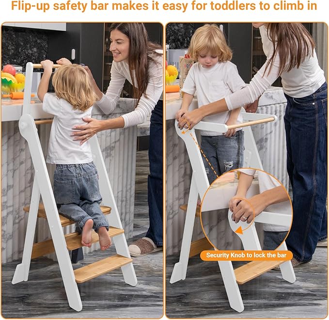 COSYLAND Foldable Toddler Standing Tower - Adjustable Height Folding Step Stool Kids Toddler Kitchen Stool Helper for Learning and Cooking - Ages 18 Months to 6 Years with Safety net Natural & White