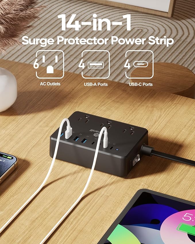 Kakyanill 100W Power Strip, 6 AC Outlets 8 USB Ports