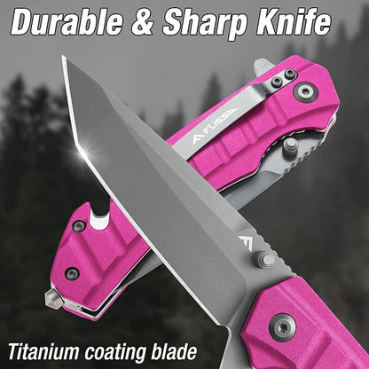 FLISSA Folding Pocket Knife, Tactical Knife with Liner Lock, Tanto Blade, Pocket Clip, Glass Breaker, Seatbelt Cutter, Perfect for Hunting, Camping, Survival (Pink)